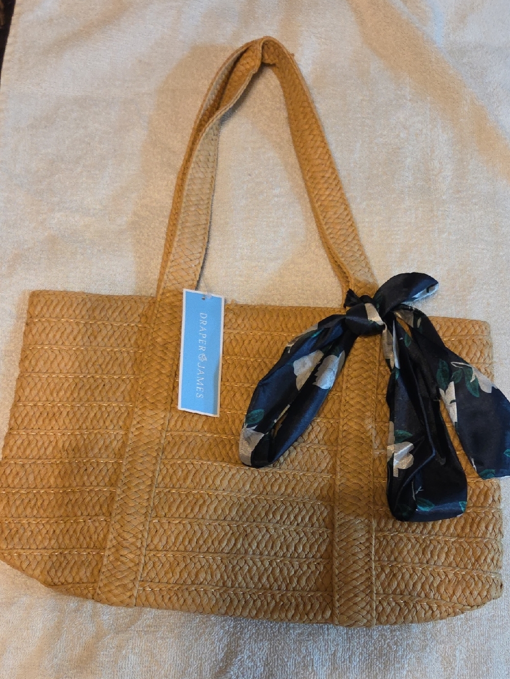 Draper James Tan Woven Tote with Navy Floral Scarf